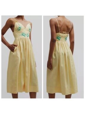 FANM MON Emilie Pleated Linen Midi Dress With Embroidery In Golden Haze Size M